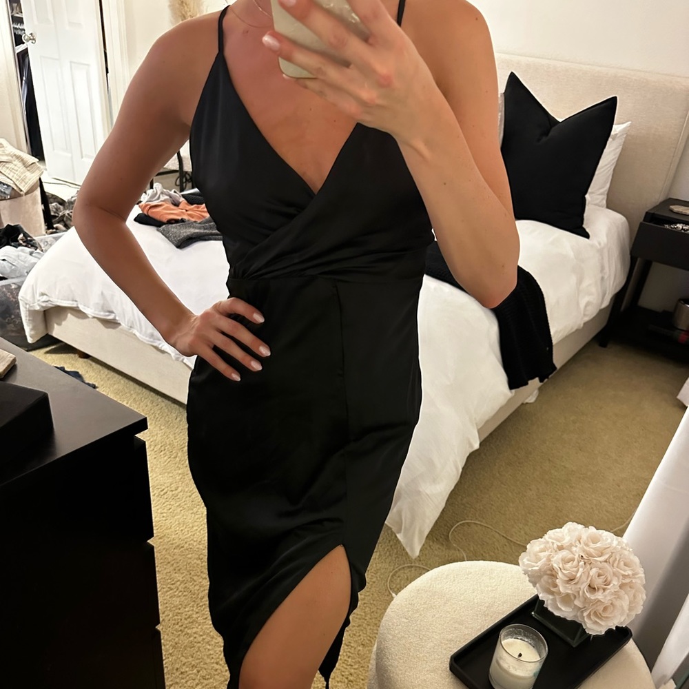 Black satin midi dress with slit in leg